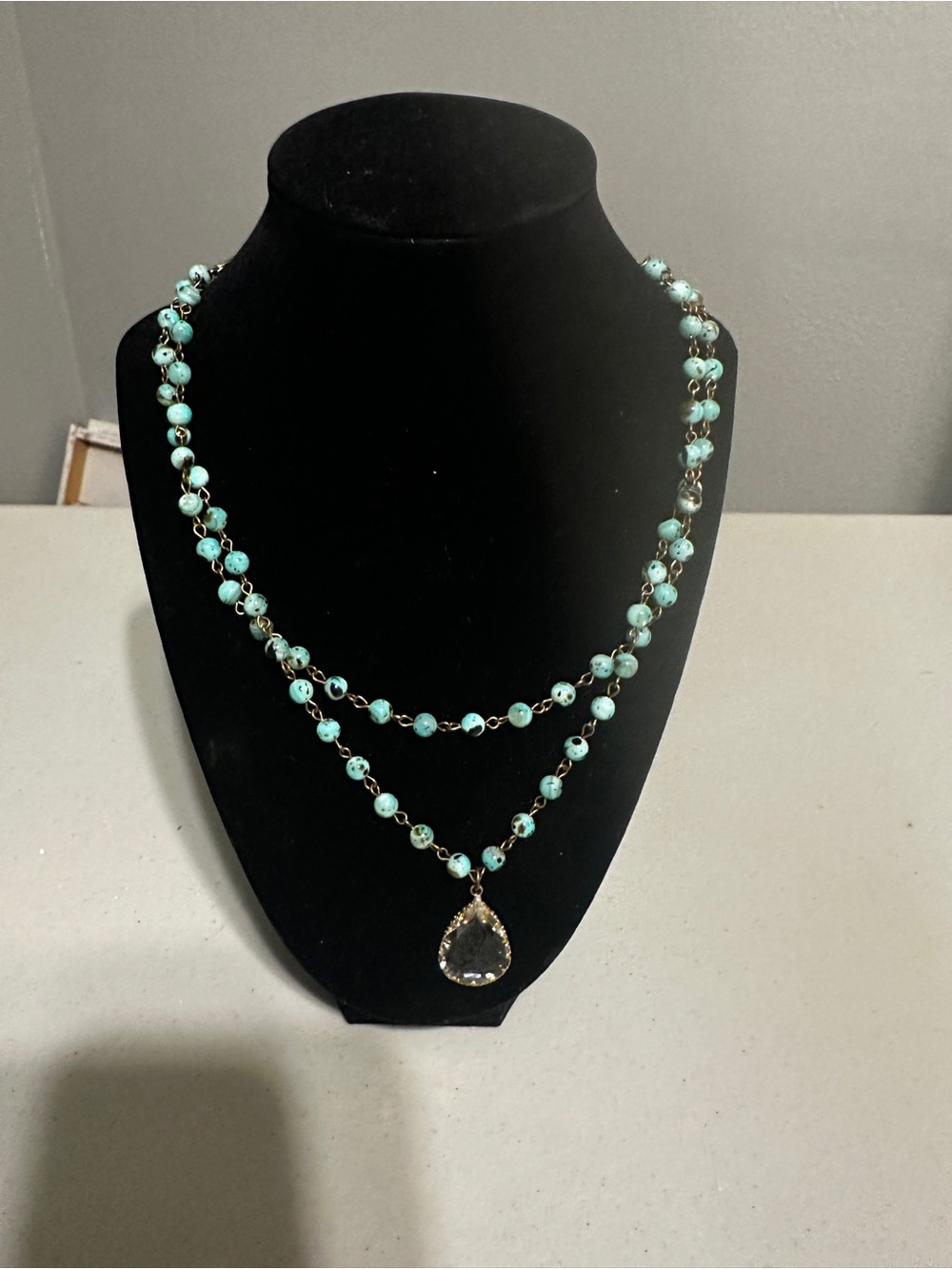 Double-Layer Turquoise Beaded Necklace with Teardrop Crystal Pendant